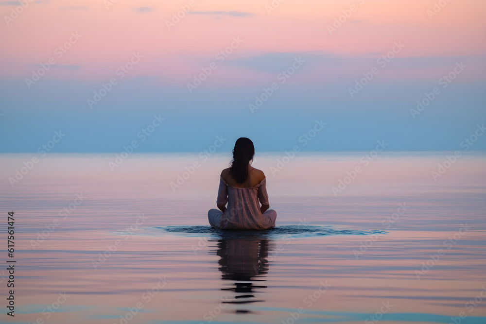 Woman meditating in the middle of the sea. Back view.