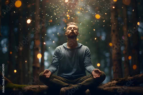 Man meditating in forest.