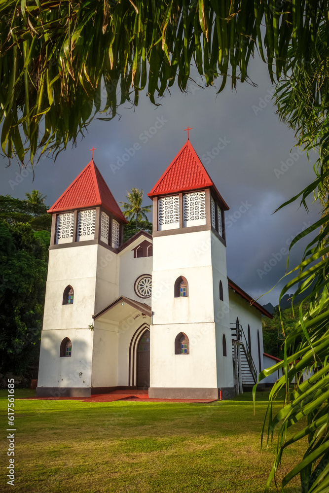 Haapiti church in Moorea island jungle, landscape. French Polynesia Haapiti church in Moorea island jungle, landscape. French Polynesia