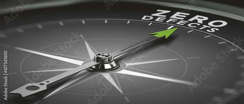 Compass with needle point the text zero defects, 3D illustration of Total Quality Management objectives