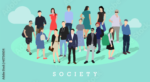 Society concept. A small circle of people of different ages and skin colors. Isolated flat vector illustration
