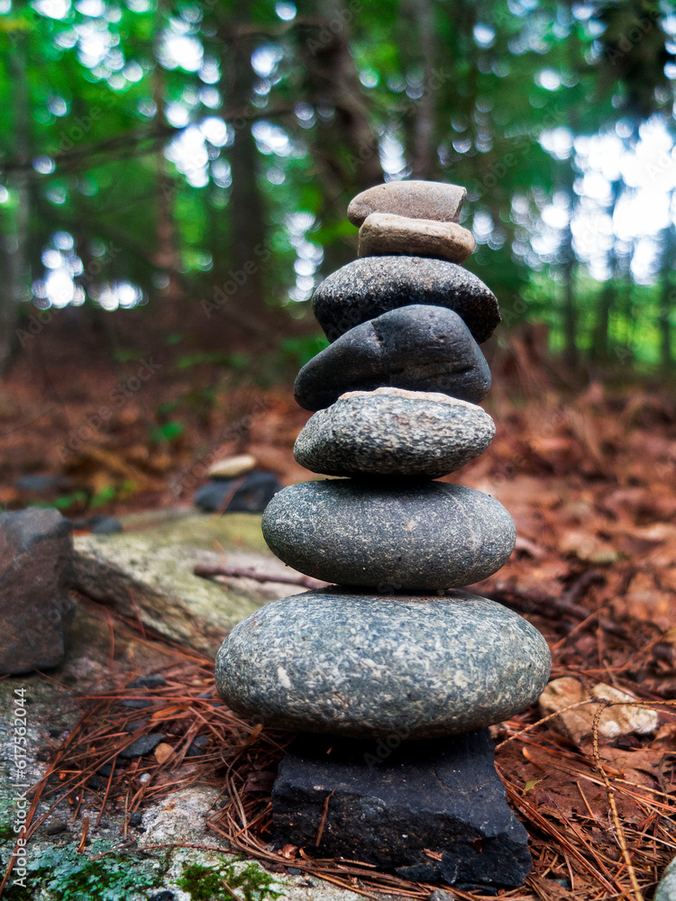 Stacked Rocks Zen In A Field With Large Green Trees In The Backgound Stacked Rocks Zen In A Field With Large Green Trees In The Backgound