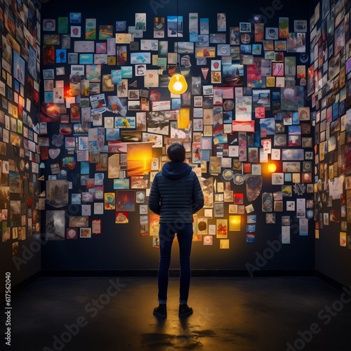 Person looking at a wall of pictures, Created with generative AI