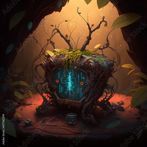 a mystrious extraterrestrial artifact in a cave the cave is overgrown with leaves flowers coral vines roots and mushrooms ancient writing on a lit display machinery technology low poly an electric  photo