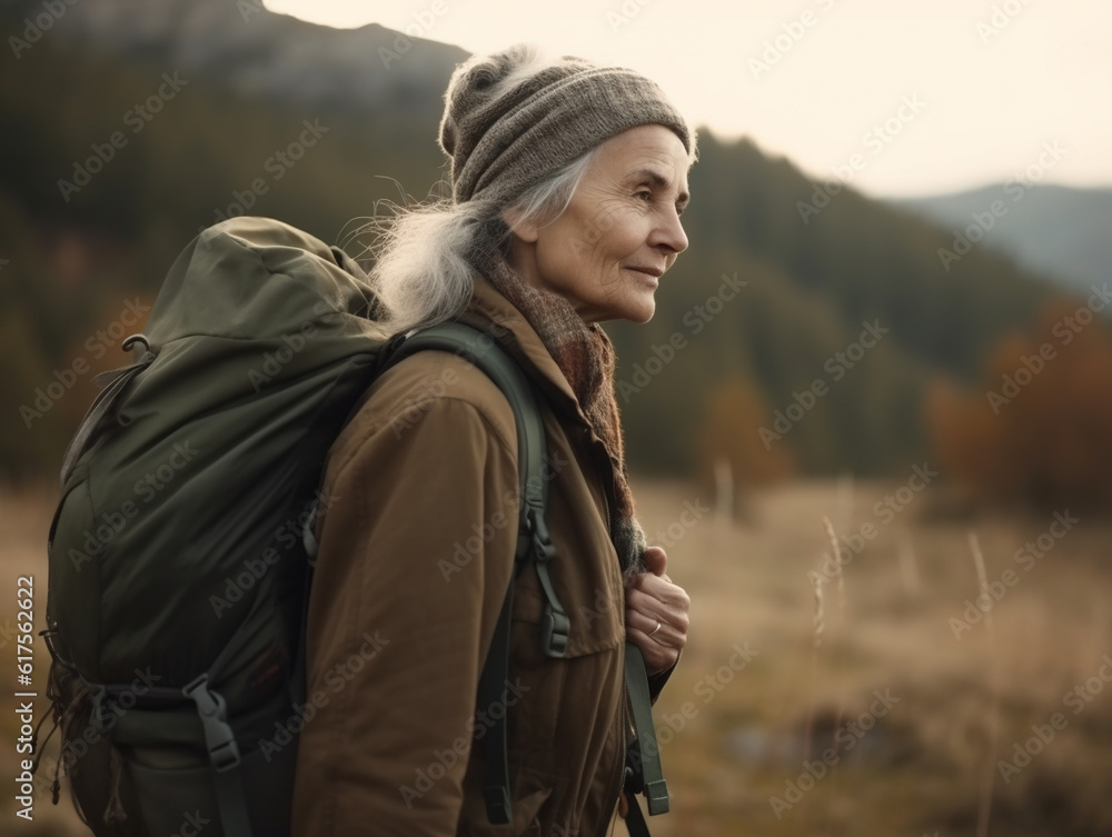 Senior woman hiking.