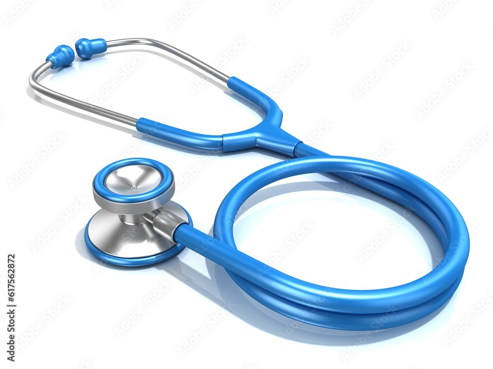 Blue stethoscope, 3D render illustration, isolated on a white background Blue stethoscope, 3D render illustration, isolated on a white background