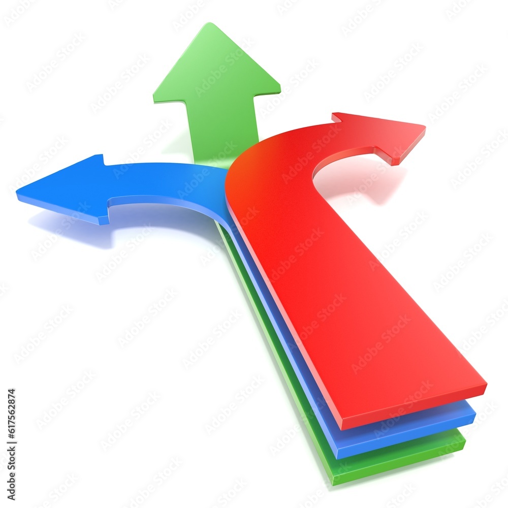 Three way arrows, showing three different directions. Blue left, red right and forward green arrows concept. 3D render illustration isolated on white background Three way arrows, showing three different directions. Blue left, red right and forward green arrows concept. 3D render illustration isolated on white background