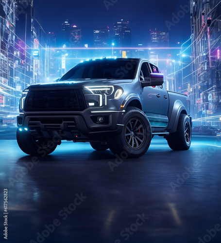 Futuristic pickup truck in a city street at night. Powerful pickup with city lights in the background