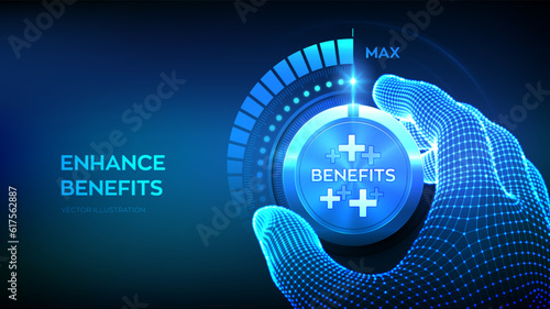 Employee benefits help to get the best human resources. Wireframe hand turning a test knob with the benefit icon to the maximum position. Business for Profit, health insurance. Vector illustration.