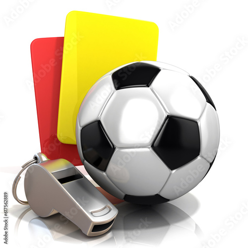 Football concept. Penalty (red and yellow) card, metal whistle and soccer (football) ball, isolated 3D render on white background.