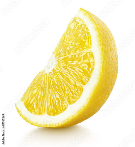 Ripe slice of yellow lemon citrus fruit stand isolated on white background with clipping path
