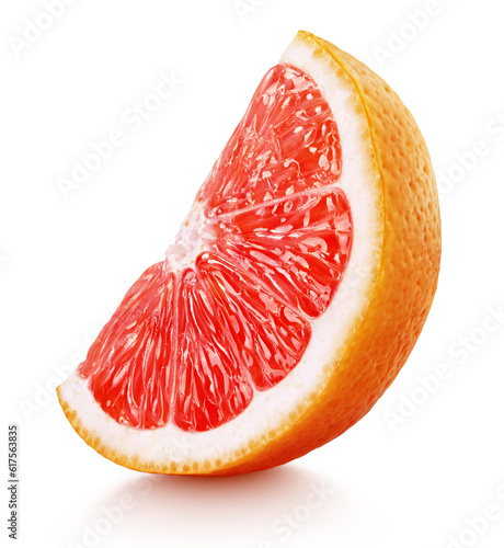 Standing ripe slice of pink grapefruit citrus fruit isolated on white background with clipping path