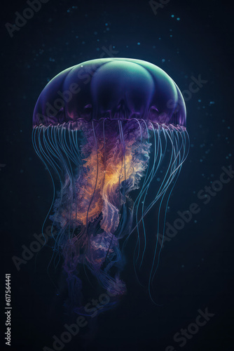 Glowing jellyfish swim deep in the blue sea. Jellyfish neon jellyfish fantasy on black background. Generative AI  © Margo_Alexa