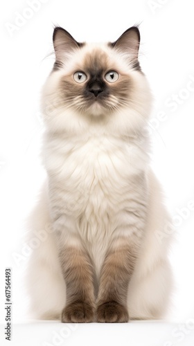 White and black Birman cat sitting on white background