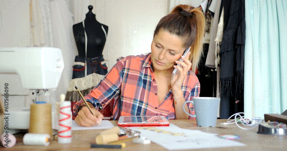Young female in casual clothing talking by phone while drawing sketch and using tablet in parlour.