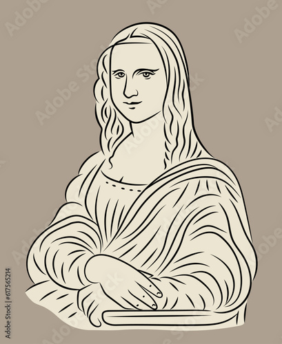 Leonardo da Vinci -  Mona Lisa. Gioconda. Joconde. Template, patternline, silhouette, tattoo. Line and fill. Paper cut style. Isolated vector illustration.