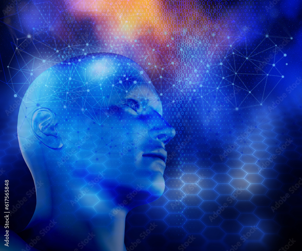 3D render of a modern technology background with connecting lines and dots and male head