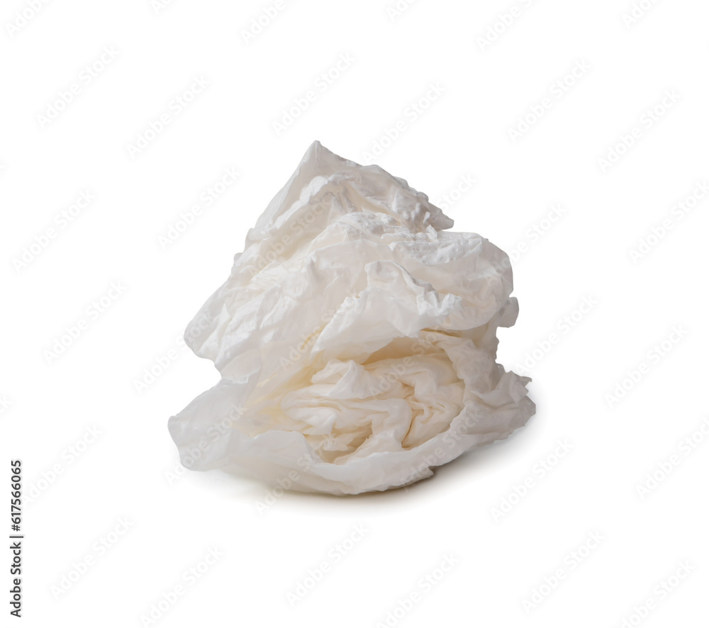 Single screwed or crumpled tissue paper or napkin in strange shape after use in toilet or restroom isolated on white background with clipping path and shadow in png file format.