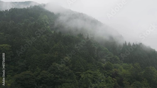Tokushima, Japan - June 26, 2023: Mountains partially covered with fog in the morning in Japan
 photo