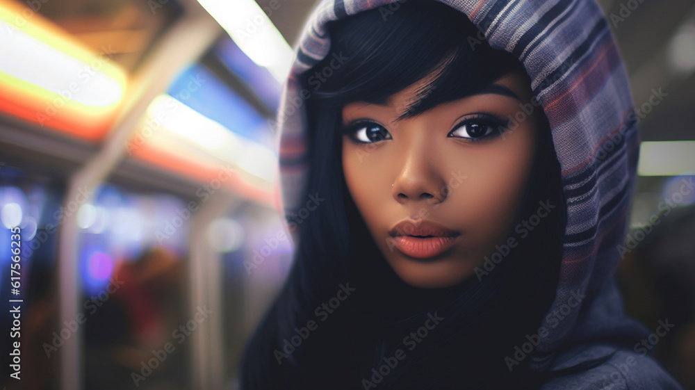 young adult woman, on a subway or tram or train, fictional location young adult woman, on a subway or tram or train, fictional location