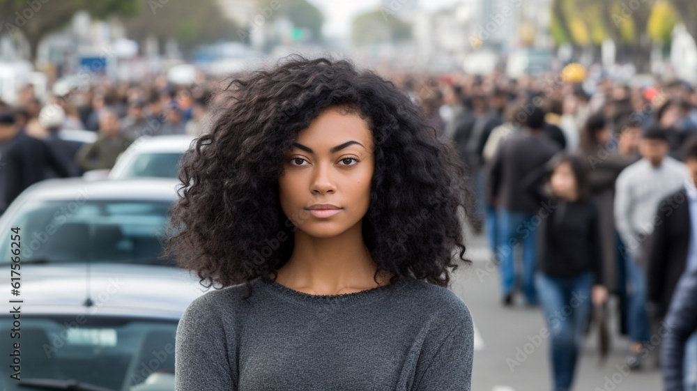 adult woman in a city, busy crowd with many people and car queue, stands on something, overview the busy place, fictional place adult woman in a city, busy crowd with many people and car queue, stands on something, overview the busy place, fictional place