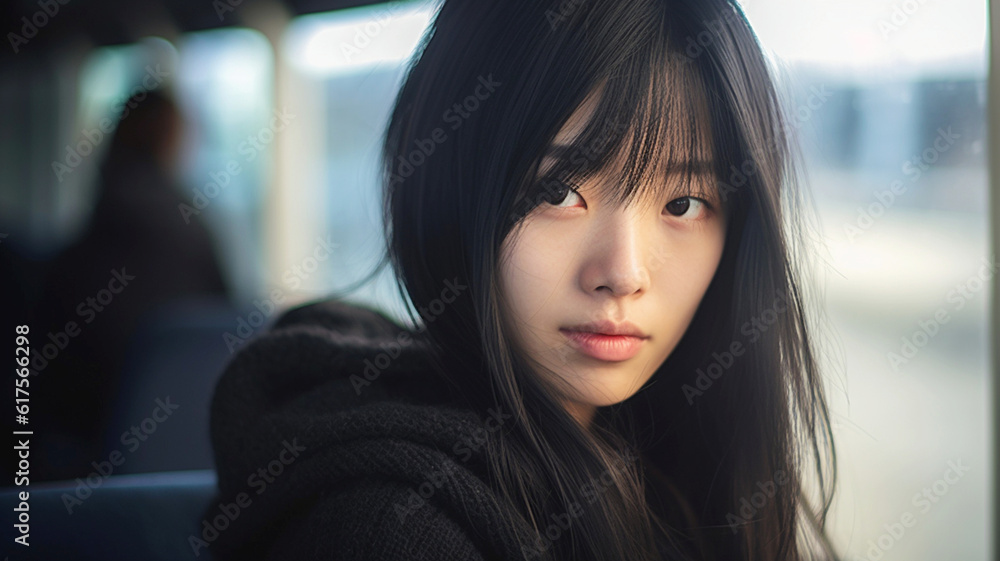 teenage asian woman or girl, wearing sweater, in a public bus, public transport, travel or driving home, waiting and tired, bad experience or bad day, getting off at bus stop teenage asian woman or girl, wearing sweater, in a public bus, public transport, travel or driving home, waiting and tired, bad experience or bad day, getting off at bus stop