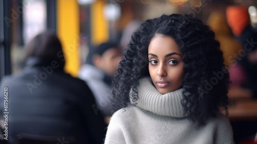 young adult woman with curly hair and turtleneck sweater, in a cafe or restaurant or bar, implausible or skeptical or annoyed or envious or jealous, fictional location