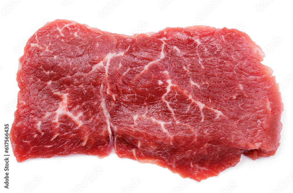 Top view of fresh raw beef steak isolated on white background