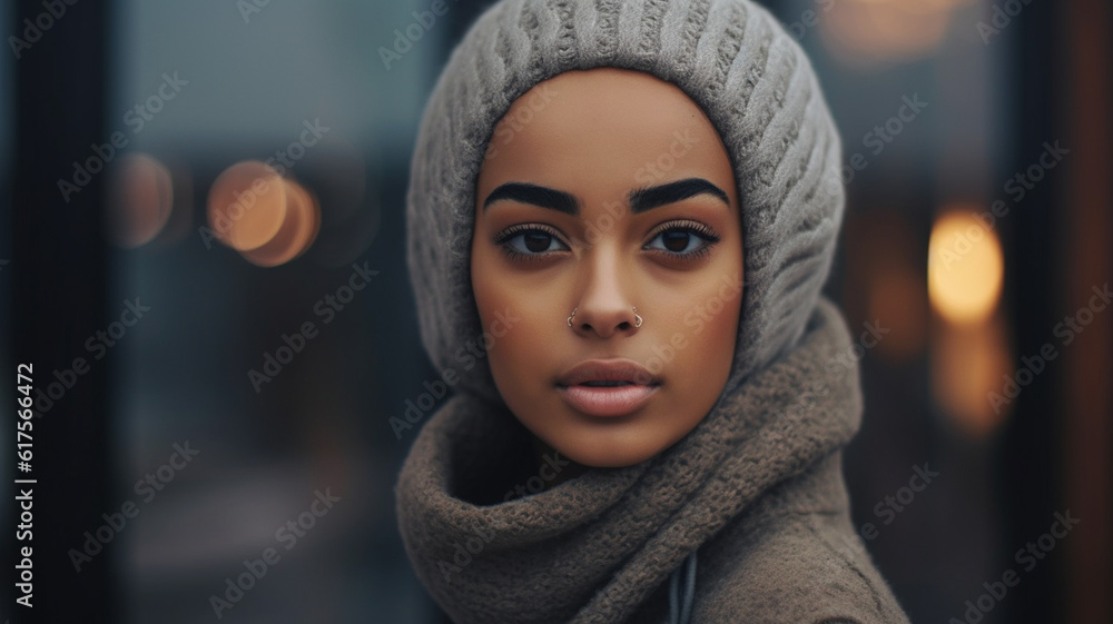 young adult woman with winter clothes, winter hat and winter scarf and winter jacket, nose piercing, outdoors in a city in front of a shop window or cafe, fictional location