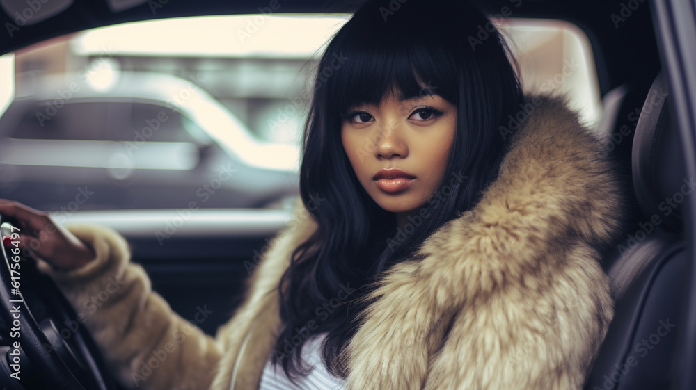 young adult woman, long black hair, faux fur coat, sitting in car on driver's side, driving car, parking lot, fictional location young adult woman, long black hair, faux fur coat, sitting in car on driver's side, driving car, parking lot, fictional location