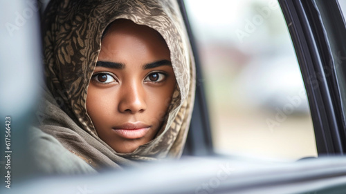 young adult woman, anxious nervous look, headscarf , in car on back seat, by day, fictional location