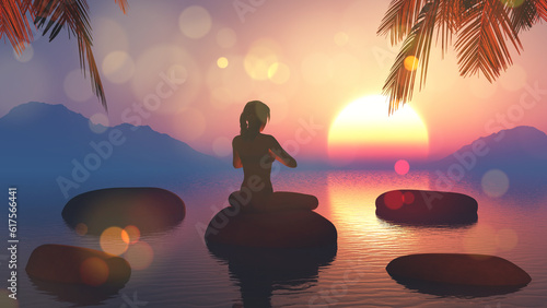 3D render of a female in yoga pose against sunset sky