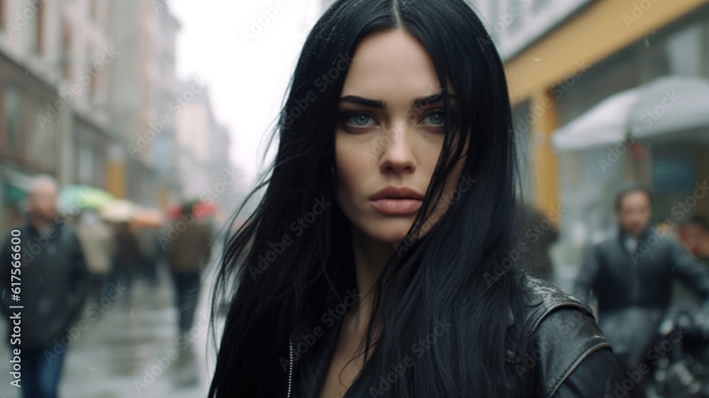 rainy day, young adult woman with long dark hair, in a side street of a big city, serious facial expression or dissatisfaction, fictitious place and happening