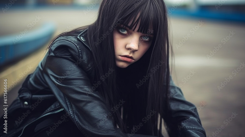 young adult woman, in a side street of a big city, serious facial expression or dissatisfaction, fictitious place and happening young adult woman, in a side street of a big city, serious facial expression or dissatisfaction, fictitious place and happening