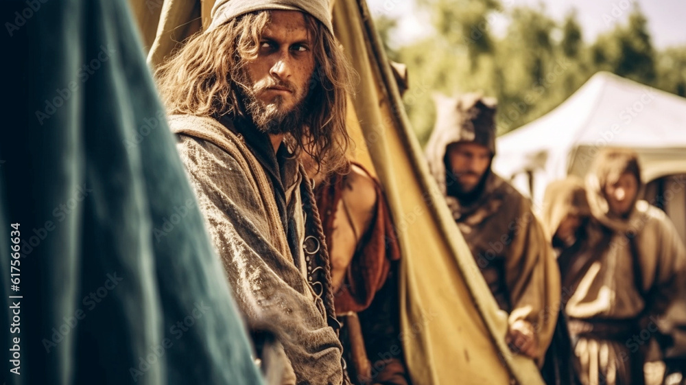 Naklejka premium knightly period or similar, men in ancient clothing, tents, bandits or robbers, fictitious place, caucasian, knightly period