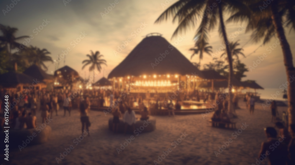 blurred background, tropical beach paradise with many tourists at sunset, fictional location