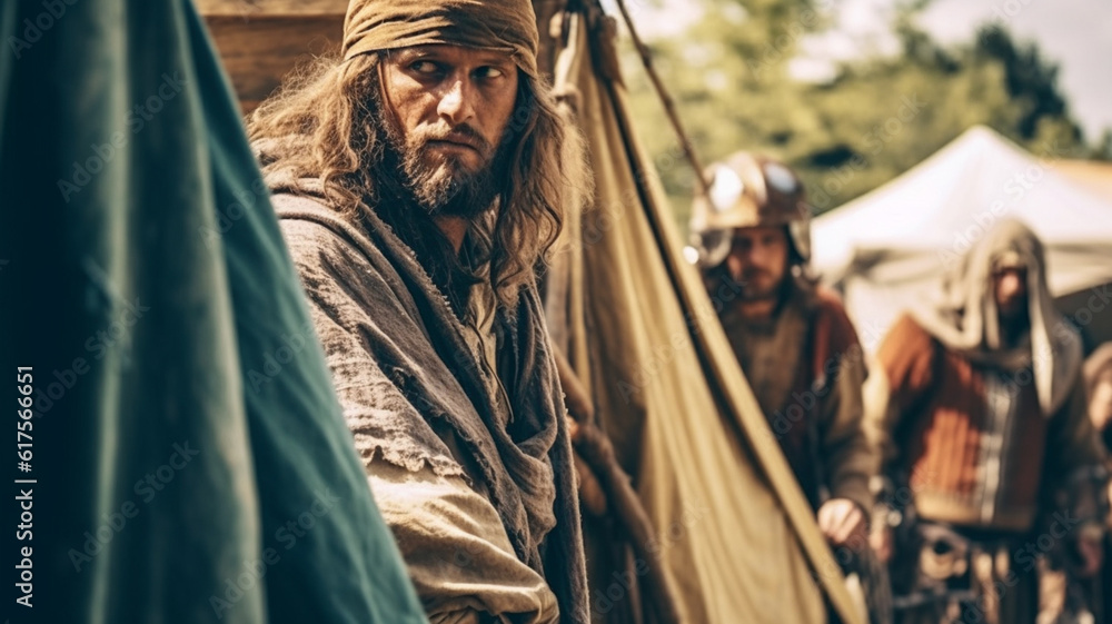 Naklejka premium knightly period or similar, men in ancient clothing, tents, bandits or robbers, fictitious place, caucasian, knightly period