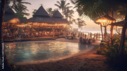 blurred background, swimming pool, tropical beach paradise with many tourists at sunset, fictional location