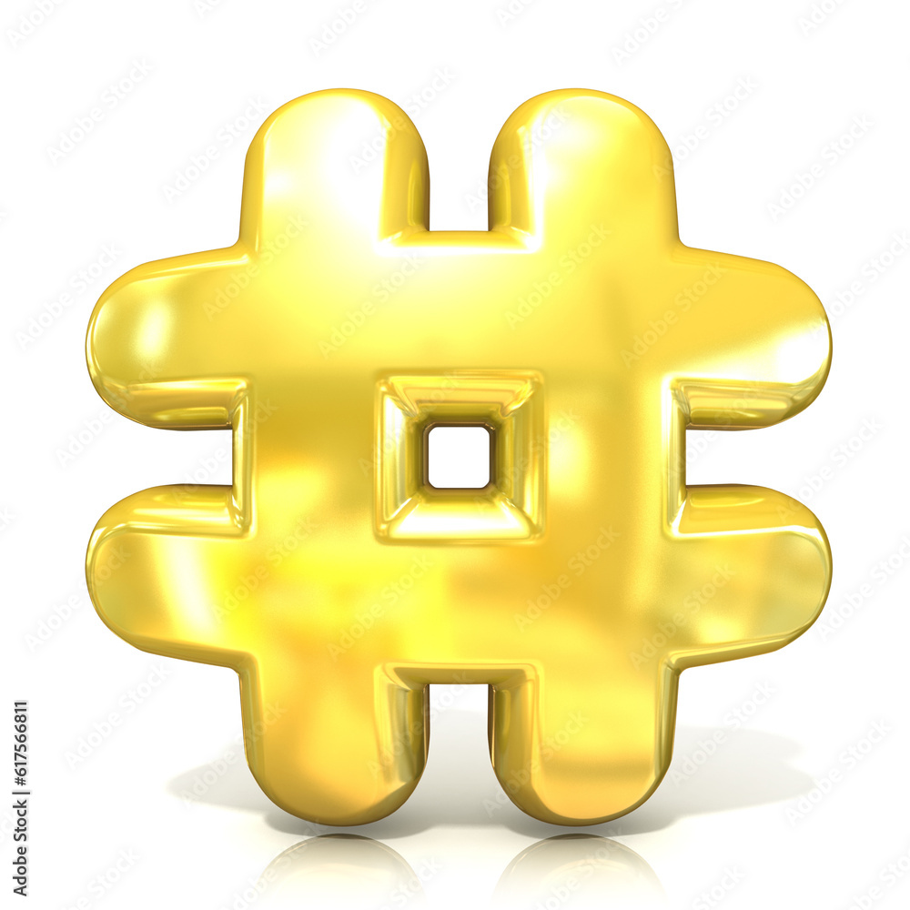 Obraz premium Hashtag, number mark 3D golden sign isolated on white background. Front view