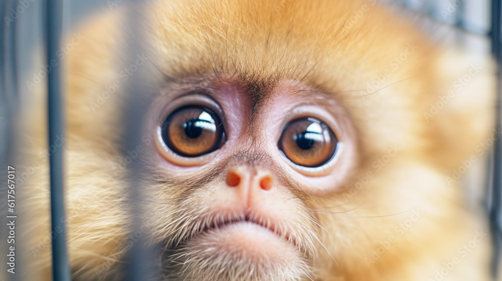 a monkey in a cage, fictional, waiting or sad look and sad expression