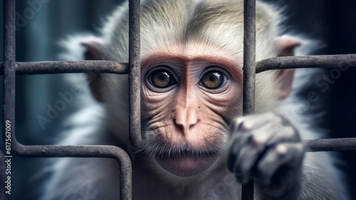 a monkey in a cage, fictional, waiting or sad look and sad expression, caged wild animal, fictional animal and happening photo