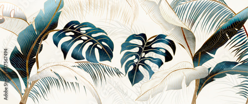 Luxury abstract tropical art background with exotic palm leaves and monstera with line elements. Botanical banner for decor, print, textile, wallpaper, interior design.