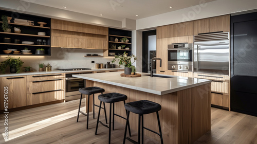 Kitchen Interior with Island, Sink, Cabinets, and Hardwood Floors in New Luxury Home © Witri