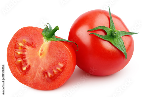 Red tomato vegetable with tomato half isolated on white background. Red tomatoes with clipping path