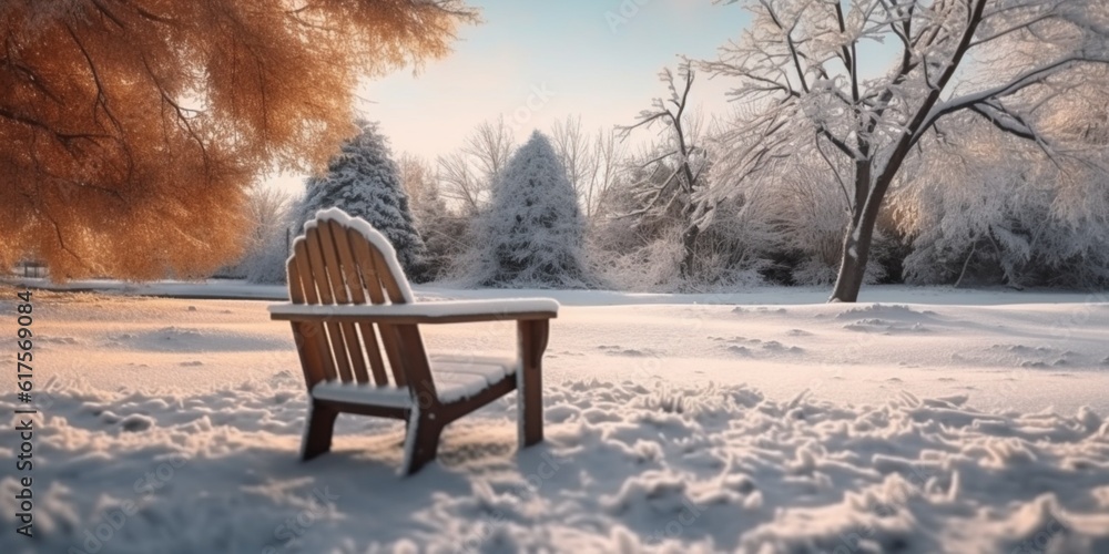 Wooden chair in the winter garden blurred background, AI Generated