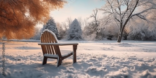 Wooden chair in the winter garden blurred background  AI Generated