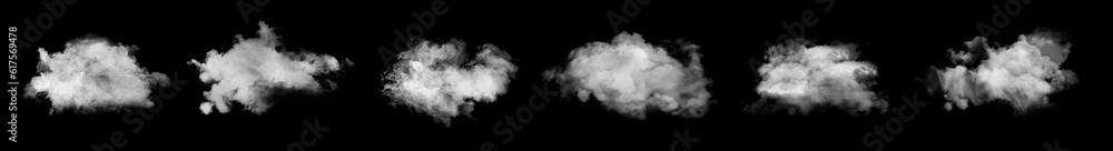 Set with different clouds of white smoke on black background Set with different clouds of white smoke on black background