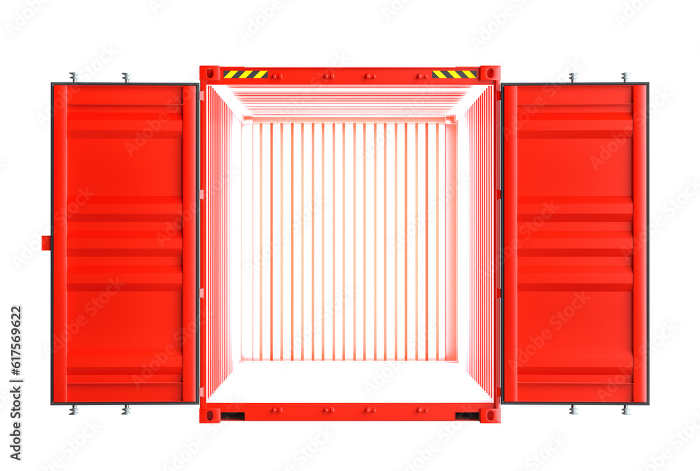 Red metallic open shipping container. Inside the container there is a bright light. Isolated on white background. 3d illustration