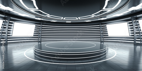 Abstract futuristic interior with a podium in the middle and glowing panels. 3D Rendering