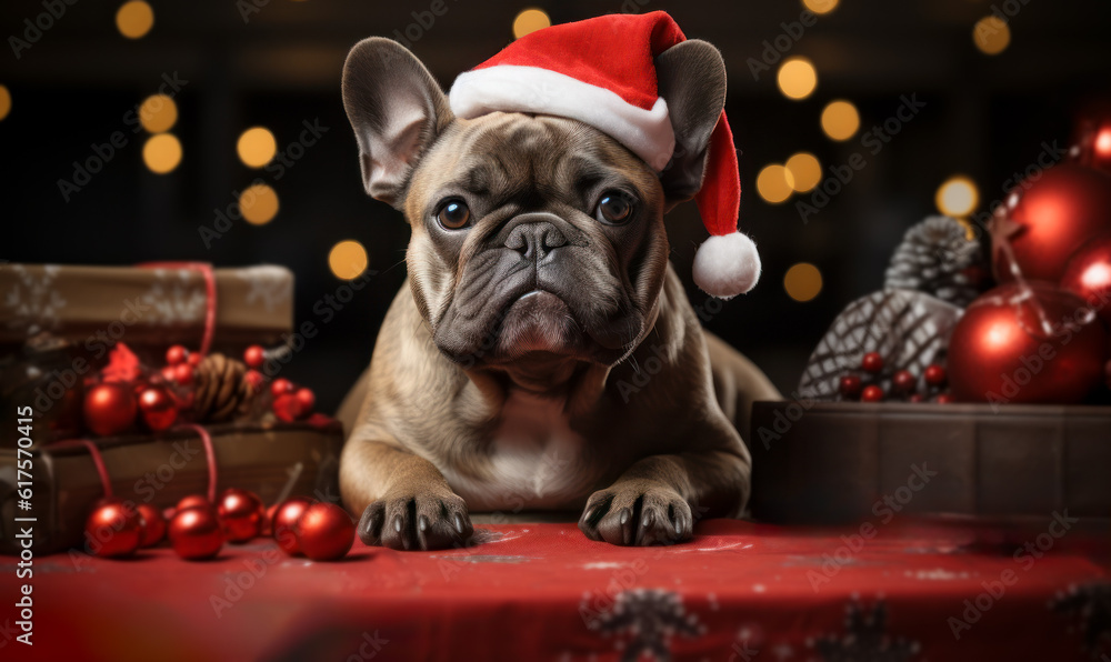 French Bulldog: A Christmas Companion Wearing a Santa Hat for Holiday Cheer.